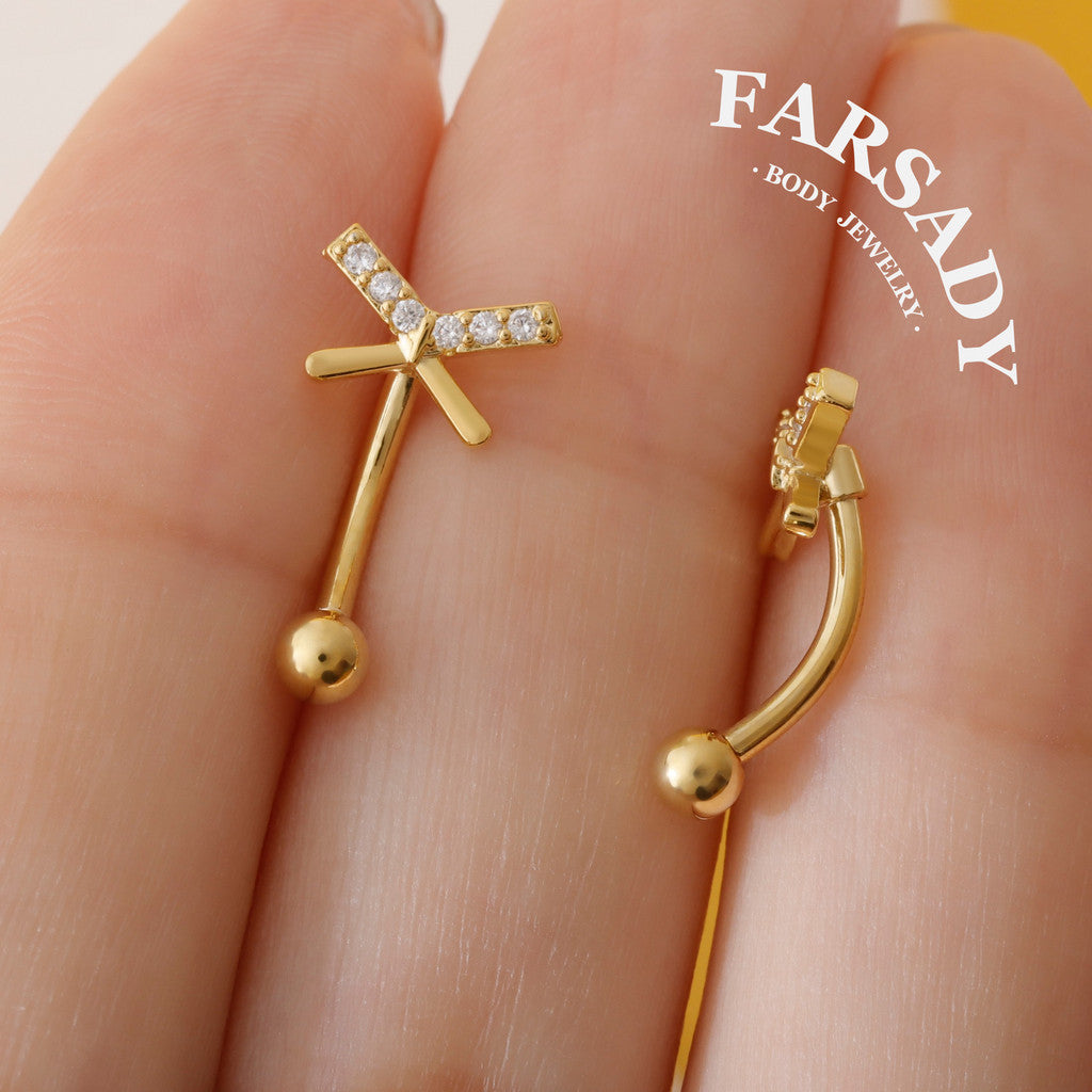 Cross Star Trace - 316L Clear CZ Curved Barbell / Fits 16G Rook Daith Earring Lip Eyebrow Cartilage Piercing