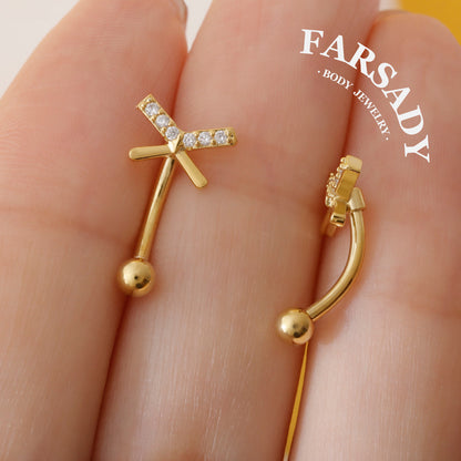 Cross Star Trace - 316L Clear CZ Curved Barbell / Fits 16G Rook Daith Earring Lip Eyebrow Cartilage Piercing