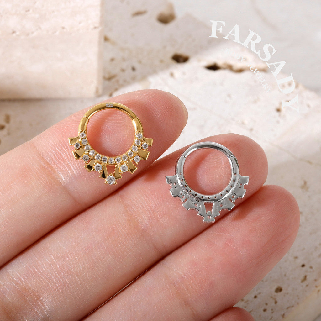 Star Fan - 925 Silver CZ Hinged Clicker Hoop / Fits 16G Septum Ring Helix Conch Daith Earring