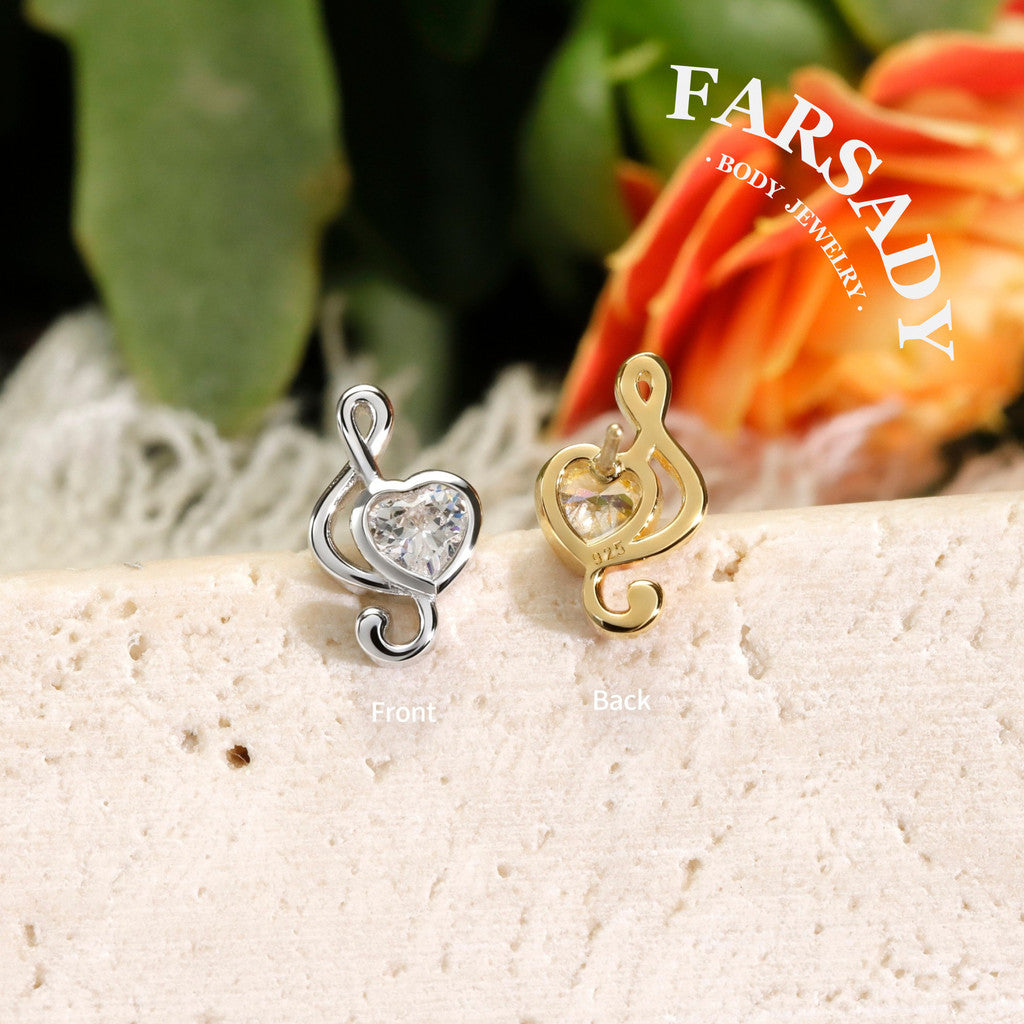 Melody Heart - 925 Silver Threadless Stud / Fits Cartilage Helix Tragus Lobe Nostril Piercing