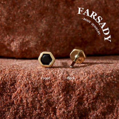 Dark Hexa - Solid 14K Gold Threadless Stud / Fits Cartilage Helix Tragus Lobe Nostril Piercing