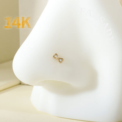 Minimal Heart & Bow CZ - Solid 14K Gold L-Shape Stud / Fit 20G Nostril Piercing