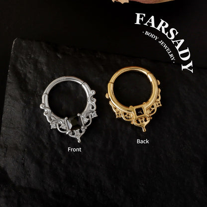 Black CZ Byzantine Design Septum - 925 Sterling Silver Septum Ring| Hinged Segment Clicker| Nose/Helix/Daith/Lobe Clicker | Gold or Silver