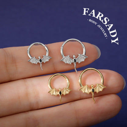 16G Flying Dragon Daith Hoop Earring S925 Sterling Silver Obsidian Inlaid Septum Clicker Original Design Gothic Halloween Helix Piercing Daily Wear Gift for Her