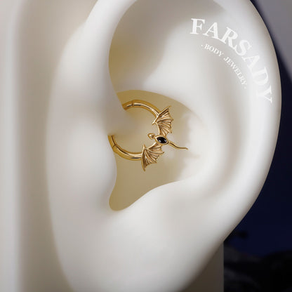 16G Flying Dragon Daith Hoop Earring S925 Sterling Silver Obsidian Inlaid Septum Clicker Original Design Gothic Halloween Helix Piercing Daily Wear Gift for Her