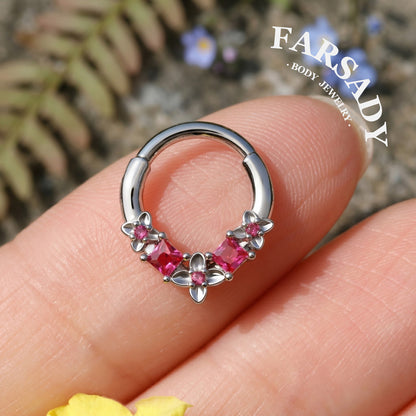 16G Steel Flower Septum Nose Ring, Silver Daith Hoop Earring, Original Design Hinged Septum Clicker, Helix Tragus Lobe Hoop Earrings 8mm