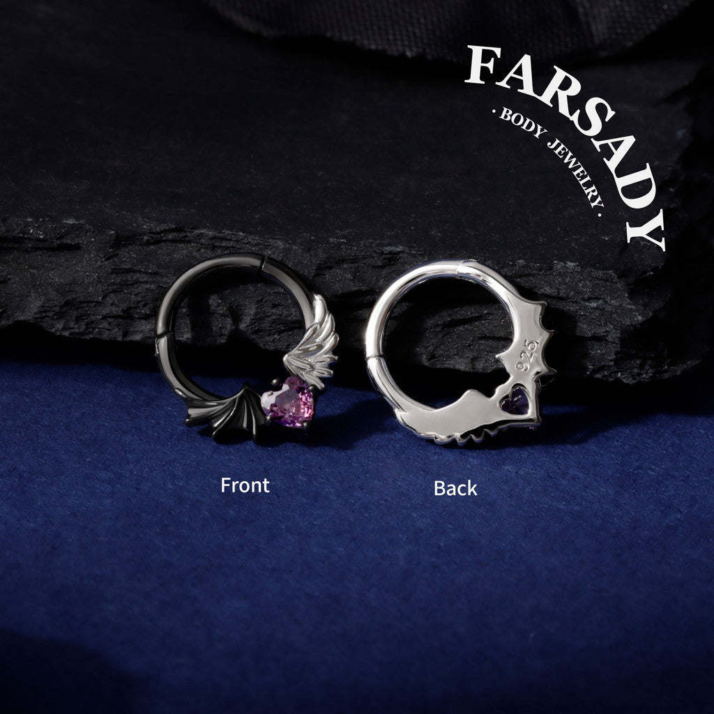 S925 Silver Purple CZ Heart Septum Ring 16G Angel Devil Design Hinged Daith Ear Hoop Gothic Style Body Piercing Jewelry