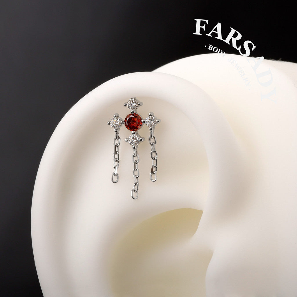 Dangle Helix Earring Flat Back,Red CZ Threadless Push In Stud,Tragus Lobe Conch Cartilage Jewelry Sterling Silver Plated 18K Gold, 16/18/20G