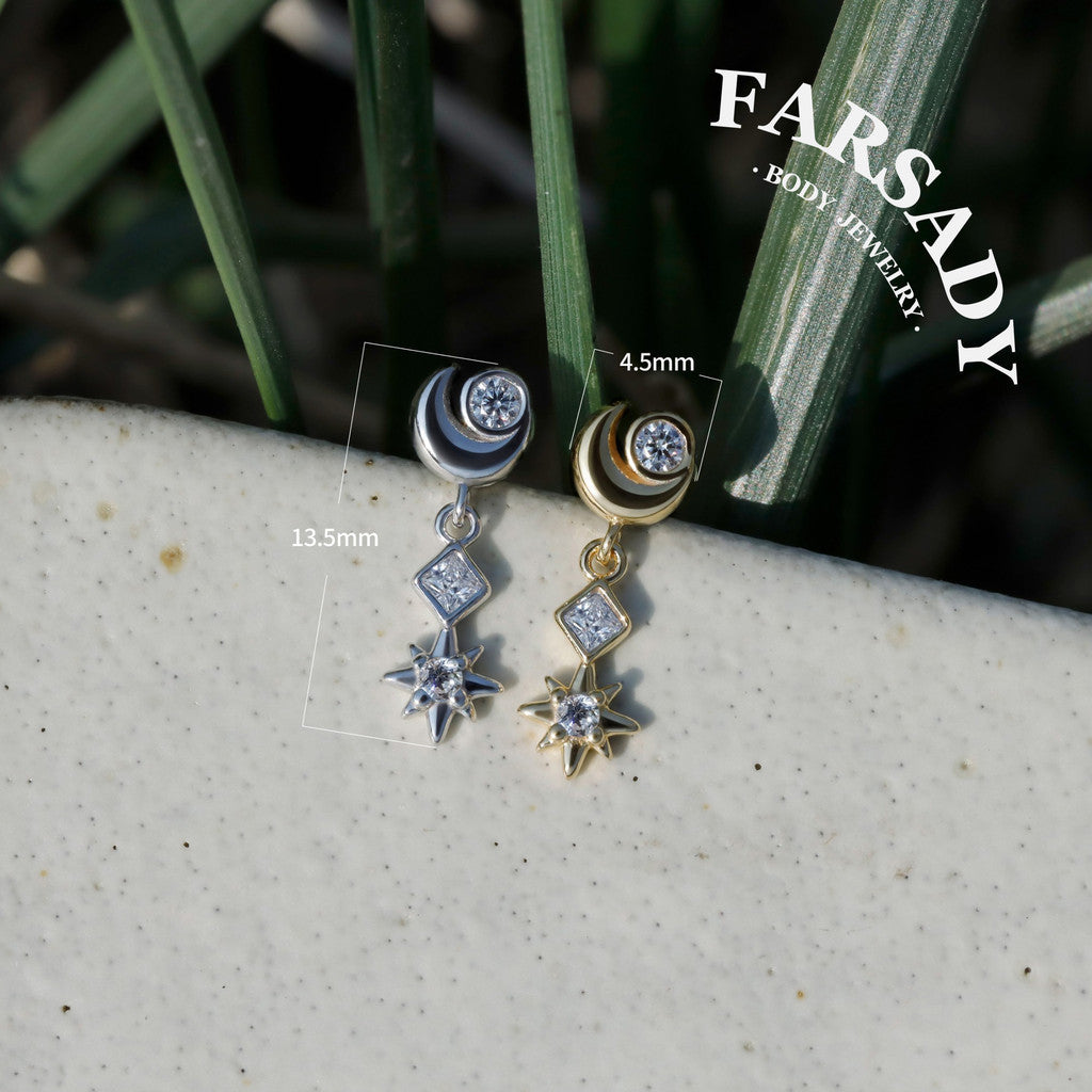 Luna Flare Dangle Threadless Push In Helix Stud, Sterling Silver Cartilage Stud, Flat Back Titanium Post, Design Satr Tragus/ Lobe Earring