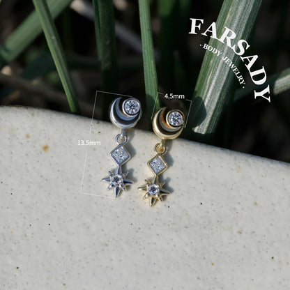 Luna Flare Dangle Threadless Push In Helix Stud, Sterling Silver Cartilage Stud, Flat Back Titanium Post, Design Satr Tragus/ Lobe Earring