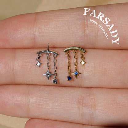 Solid 925 Sterling Silver Helix Chain Earring, 18K Gold Plated Blue CZ Star Dangle, Threadless Push In Hidden Rook Stud Piercing Jewelry