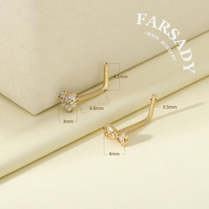 Minimal Heart & Bow CZ - Solid 14K Gold L-Shape Stud / Fit 20G Nostril Piercing