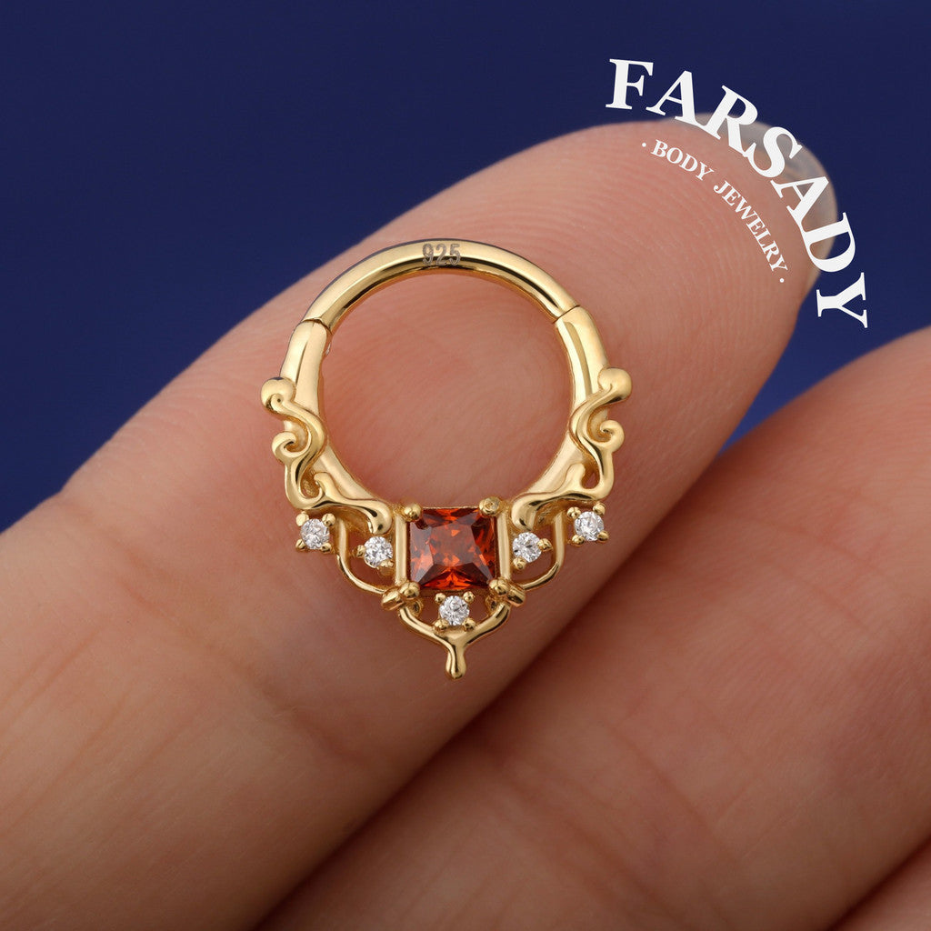 16G Red Gem Gothic Cathedral Daith Earring: 925 Silver Septum Ring Unique Design, Gold Helix Tragus Conch Lobe Clicker Hoop 18K Gold Plated