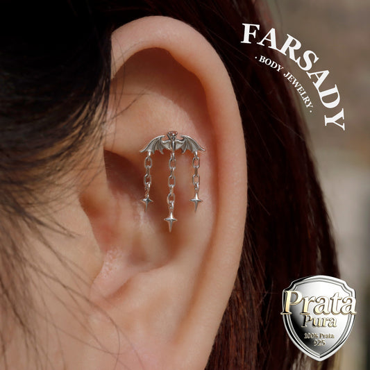 Bat Star Dangle Hidden Helix Earring: Sterling Silver Flat Back Dangle Piercing Jewelry , Threadless Push In Floating Goth Cartilage Stud, Own Design