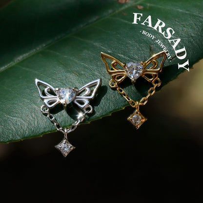 Butterfly Helix Stud Earring – Heart CZ Cartilage Chain Earring | Threadless Flat Back | Gold or Silver | Cartilage Dangle Piercing Jewelry