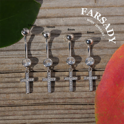 Cross Dew Pendant - 925 Silver Clear CZ Belly Button Ring / Fits 14G Navel Piercing