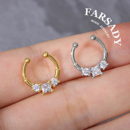 Square Star Duo - 316L Fake Nose Ring C-Hoop Piercing / Fit Non-Pierced Septum Ring