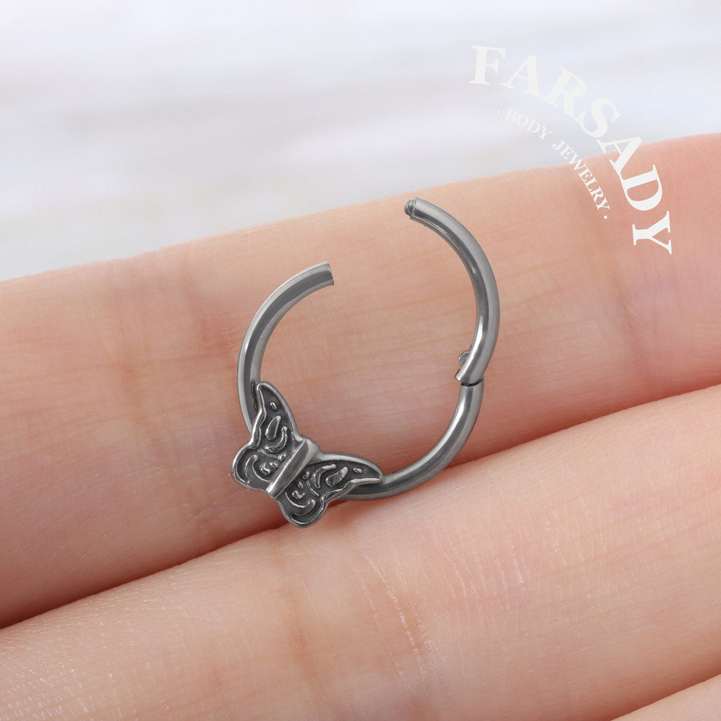 Etch Butterfly - ASTM F136 Titanium Hinged Clicker Hoop / Fits 16G Septum Ring Helix Conch Cartilage Earring