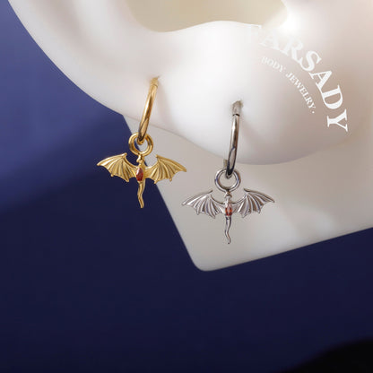 Amber Wing Sprite - 925 Sterling Silver Red CZ Dangle Charm / Interchangeable Hoop Earring Pendant for Helix Daith Cartilage Piercing