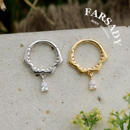 Sterling Silver  Dangle Flower Septum Ring/ Moissanite Septum Piercing Jewelry/ 16G Daith Hoop Earring/8mm Helix Tragus Cartilage Hoop Earring