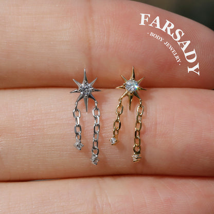 Sterling Silver Star Dangle Helix Earring • Threadless Push In Flat Piercing Jewelry •  S925 Tragus Conch Lobe Cartilage Jewelry • Titanium Back