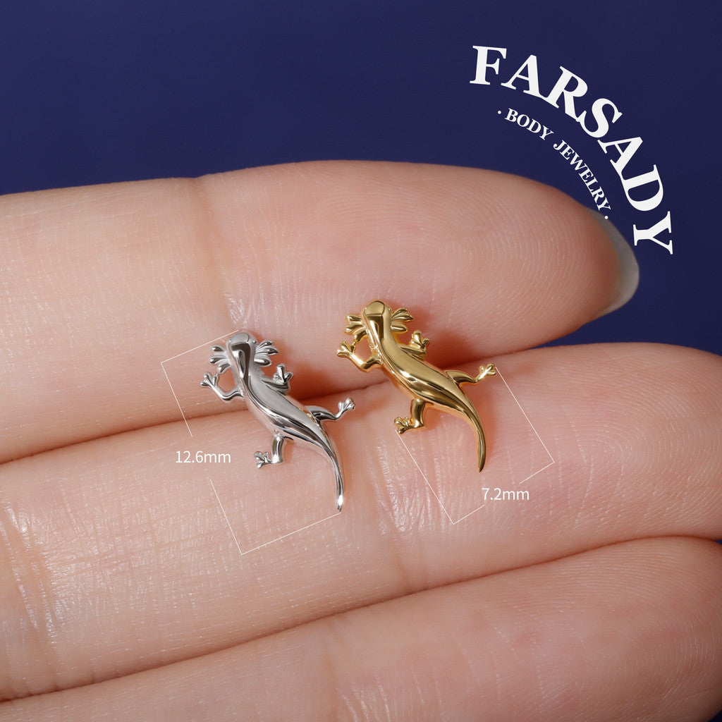 Axolotl Threadless Push In Helix Earring| 18K Gold Plated Sterling Silver Flat Back Labret| Tragus Helix Conch Nose Stud,Bio-inspired design
