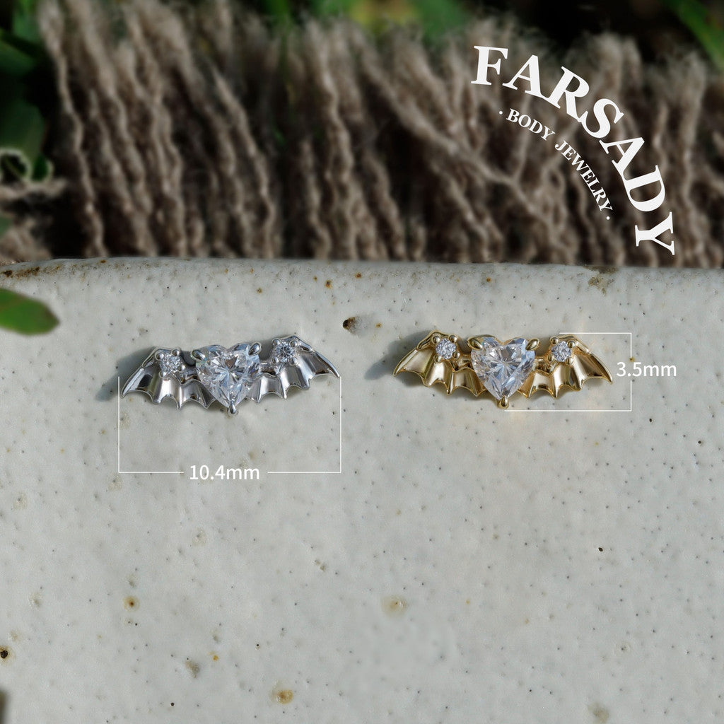 Bat Wing Heart Gem Flat Helix Threadless Stud: Sterling Silver Cartilage Earring, 18K Gold Plated Helix Conch Tragus Lobe Piercing Jewelry