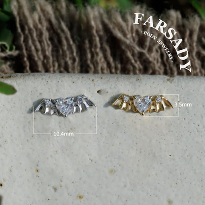Bat Wing Heart Gem Flat Helix Threadless Stud: Sterling Silver Cartilage Earring, 18K Gold Plated Helix Conch Tragus Lobe Piercing Jewelry