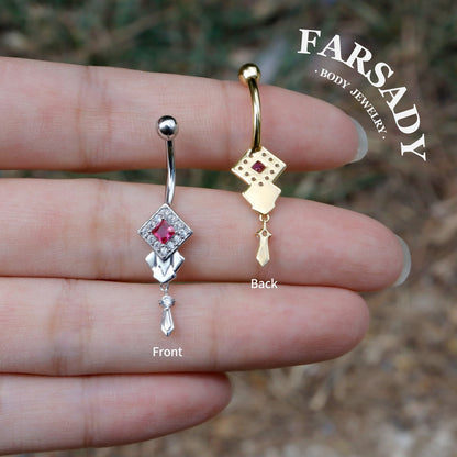 14G Belly Button Ring – 925 Silver 18K Gold Plated| Pink CZ Amulet Belly Ring Dangle Bar| Hypoallergenic Navel Piercing Jewelry| Waterproof