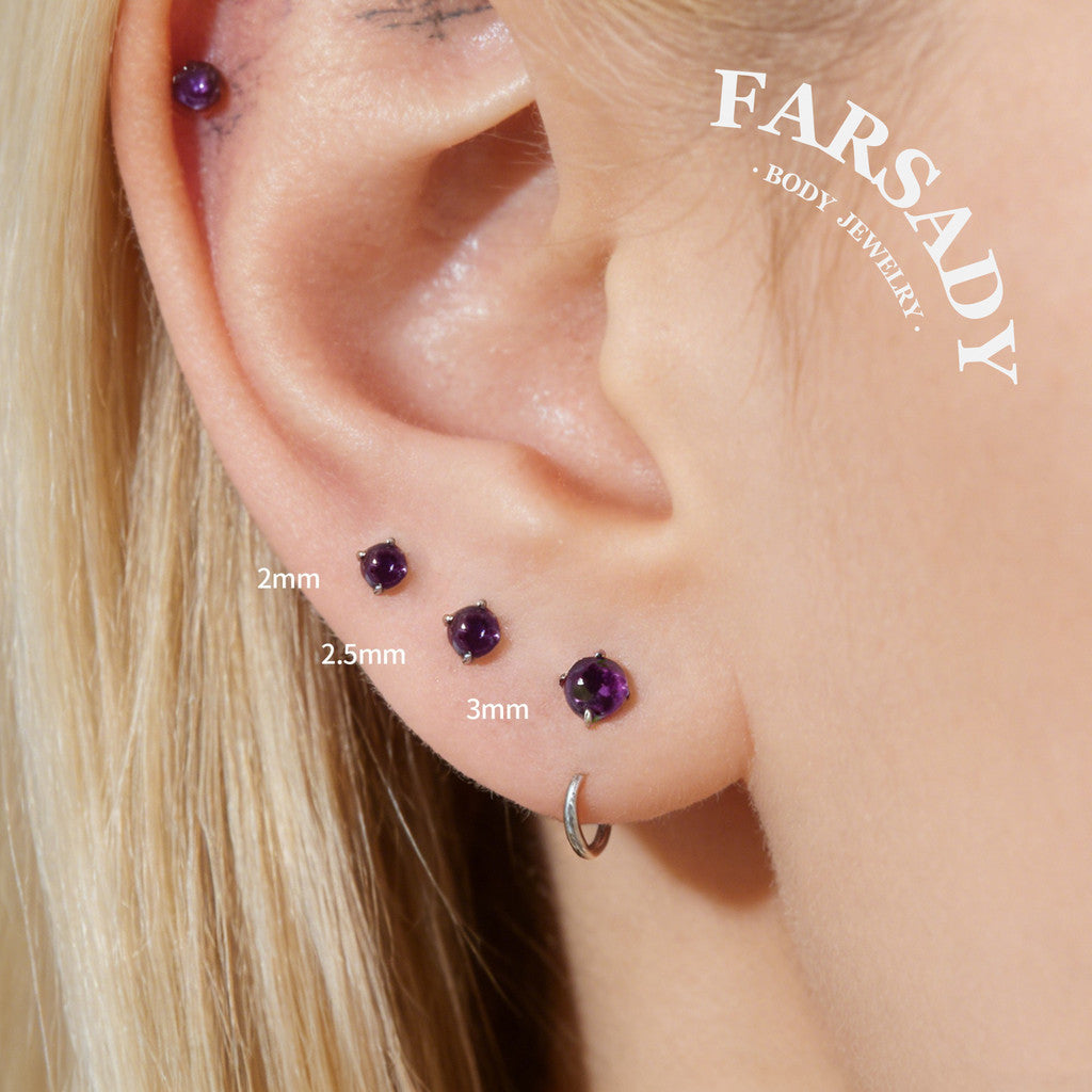 Amethyst Gradus - F136 Titanium Natural Amethyst Replacement Tops / Fits Threadless Ear Studs / Multi Size Tops for Helix Tragus Cartilage Piercing DIY Jewelry Parts