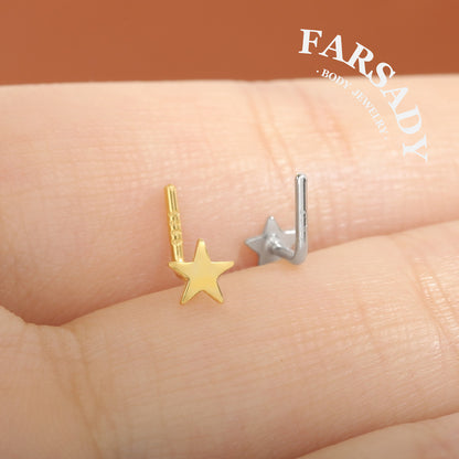 Plain Silver Star - 925 Silver L-Shape Nose Stud / Fit 18G 20G Nose Ring