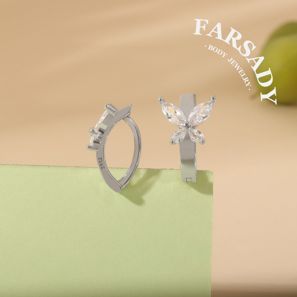 Four-Leaf Butterfly - 925 Silver Clear CZ Belly Button Ring / Fits 14G Navel Piercing