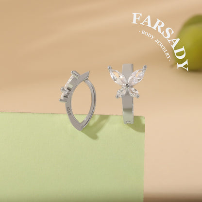 Four-Leaf Butterfly - 925 Silver Clear CZ Belly Button Ring / Fits 14G Navel Piercing
