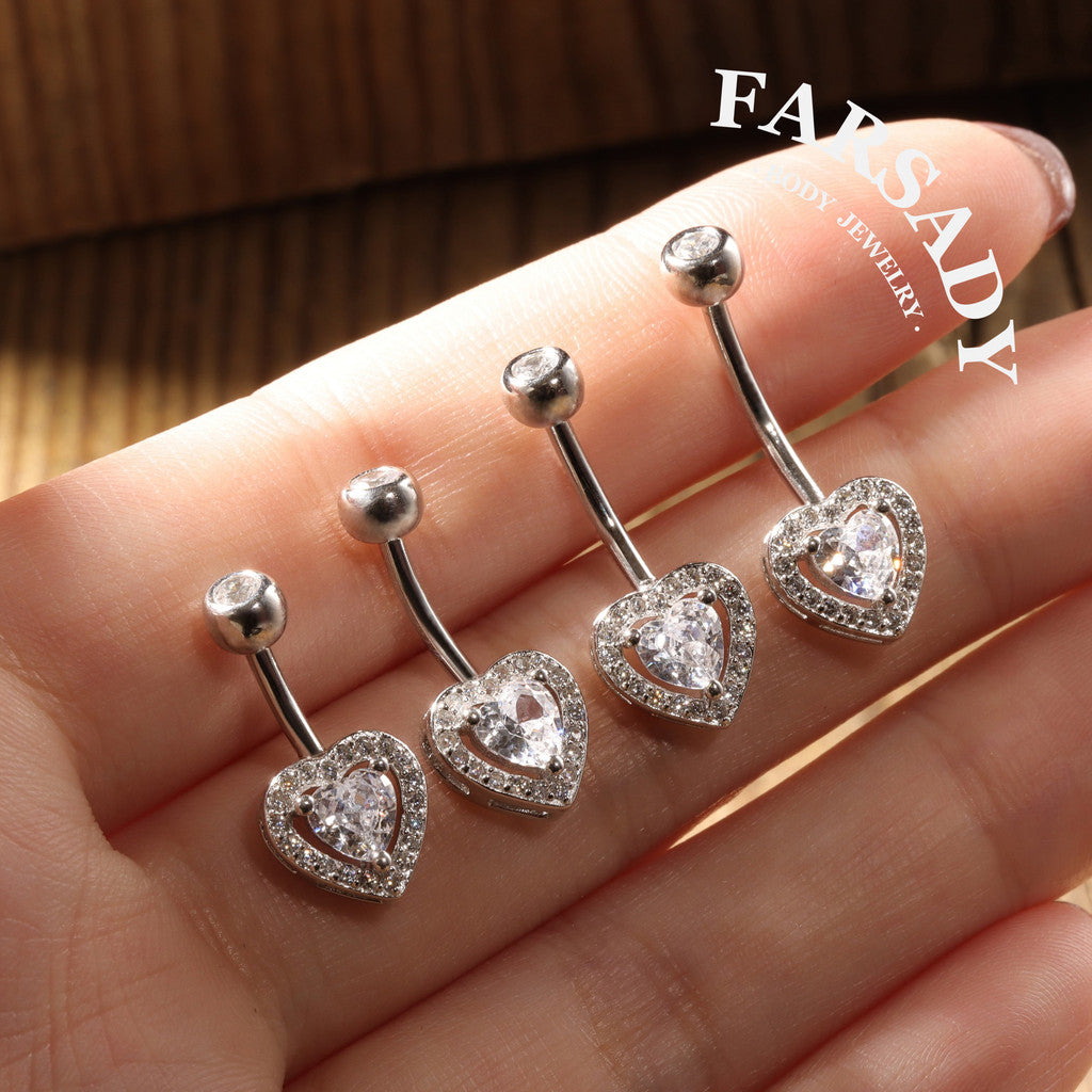 Embrace Heart - 925 Silver Clear CZ Belly Button Ring / Fits 14G Navel Piercing