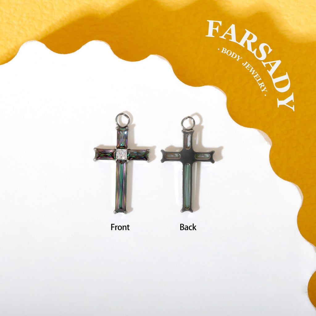 Rainbow Mystic Cross - F136 Titanium CZ Dangle Charm / Interchangeable Hoop Earring Pendant for Helix Daith Cartilage Piercing