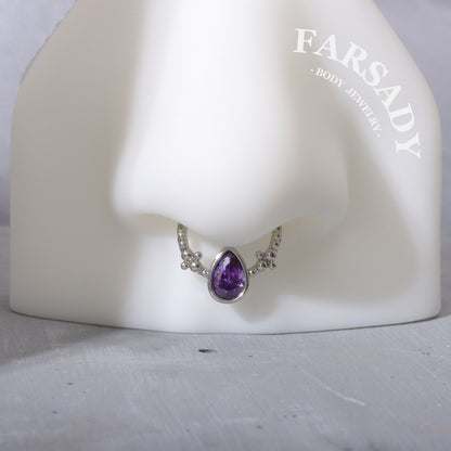 Amethyst Droplet Arc - 316L Fake Nose Ring C-Hoop Piercing / Fit Non-Pierced Septum Ring