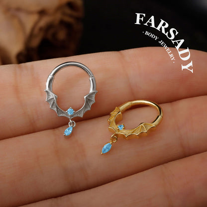 Frost Batwing - 925 Silver Hinged Clicker Hoop / Fits 16G Septum Ring Helix Conch Daith Earring