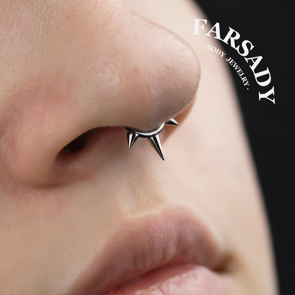 16G Titanium Triple Spike Hinged Septum Ring, Punk Style Segment Hoop, Spiked Daith & Nose Clicker Piercing Jewelry in Silver & Gold, Daily Wear with Gift Box