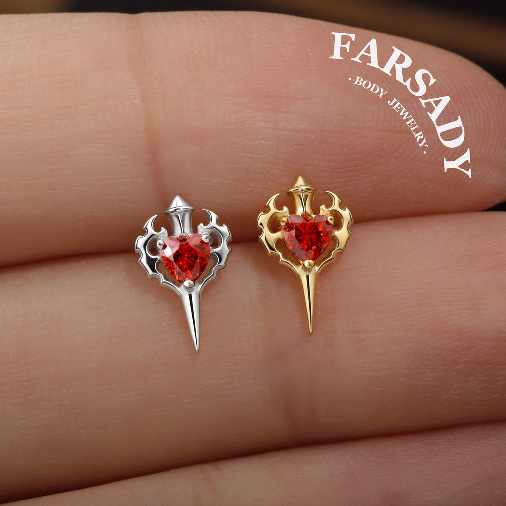 Sterling Silver Flame Red Heart Sword Threadless Helix Stud• 925 Silver & F136 Titanium Earrings• Romantic Gothic Jewelry•Flat Back Cartilage Tragus Jewelry