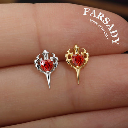 Sterling Silver Flame Red Heart Sword Threadless Helix Stud• 925 Silver & F136 Titanium Earrings• Romantic Gothic Jewelry•Flat Back Cartilage Tragus Jewelry