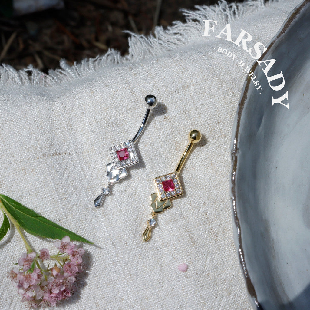 14G Belly Button Ring – 925 Silver 18K Gold Plated| Pink CZ Amulet Belly Ring Dangle Bar| Hypoallergenic Navel Piercing Jewelry| Waterproof