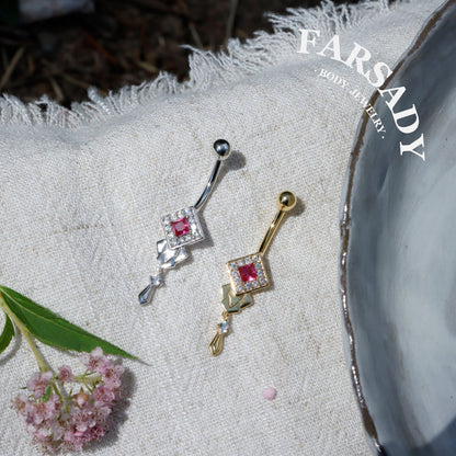 14G Belly Button Ring – 925 Silver 18K Gold Plated| Pink CZ Amulet Belly Ring Dangle Bar| Hypoallergenic Navel Piercing Jewelry| Waterproof