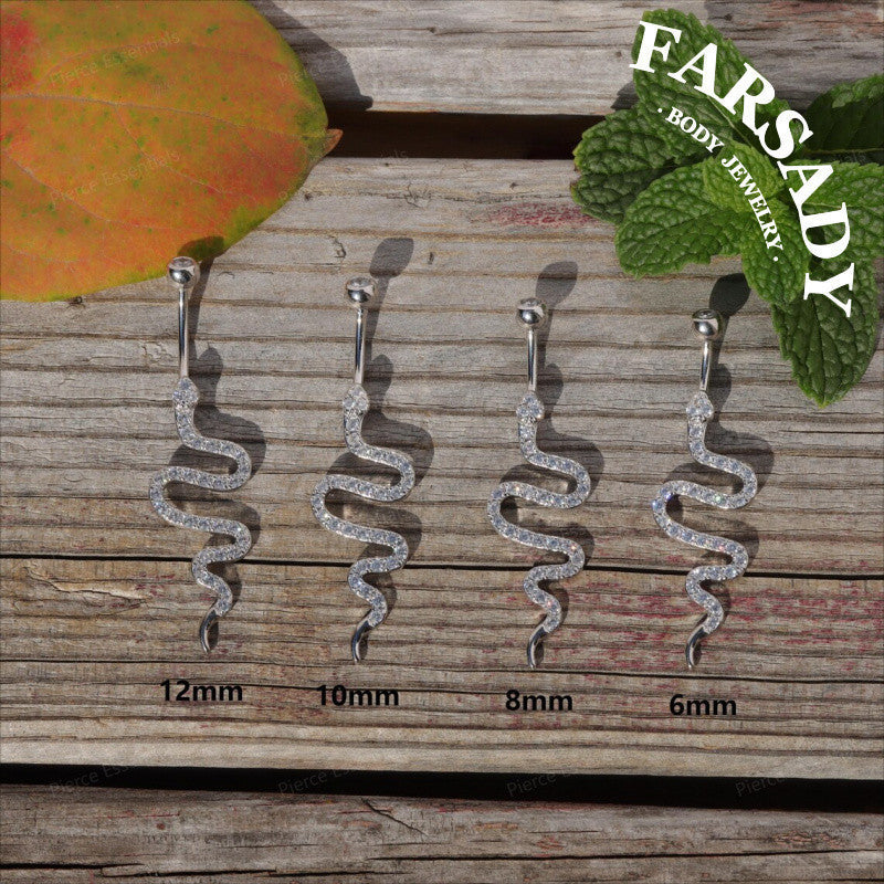 14G Sterling Silver Snake Belly Button Ring - S925 Clear CZ 6mm 8mm 10mm 12mm Navel Body Piercing Jewelry - Minimalist Body Jewelry