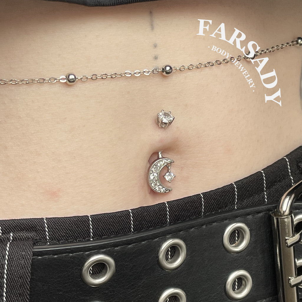Lunar Whisper - 925 Silver Clear CZ Belly Button Ring / Fits 14G Navel Piercing