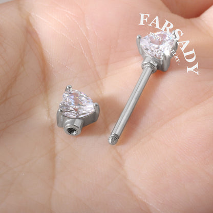 Prong Heart Crystal - 2PCS Clear CZ Straight Barbell / Fits 16G Chest Piercing Nose Bridge