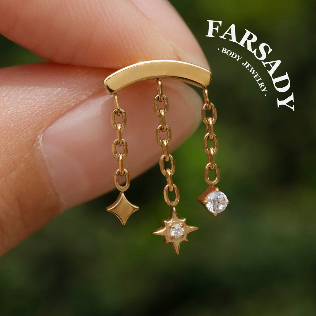 Stellar Trail - 316L Internally Threaded CZ Dangle Stud / Fits Cartilage Helix Tragus Lobe Piercing