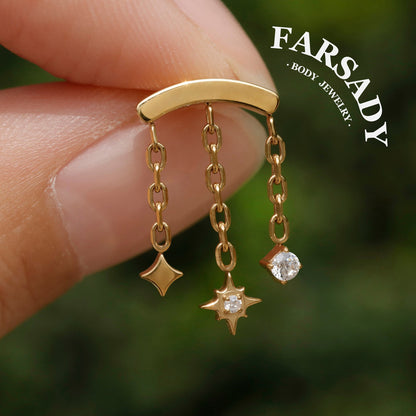 Stellar Trail - 316L Internally Threaded CZ Dangle Stud / Fits Cartilage Helix Tragus Lobe Piercing