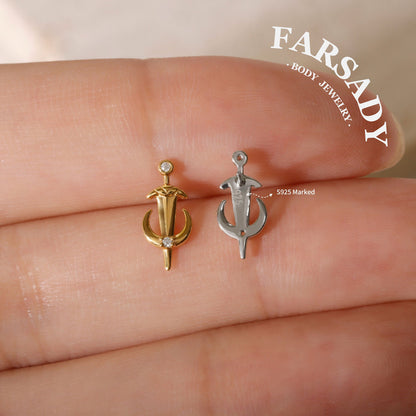 Moon Dagger - 925 Silver Threadless Stud / Fits Cartilage Helix Tragus Lobe Nostril Piercing