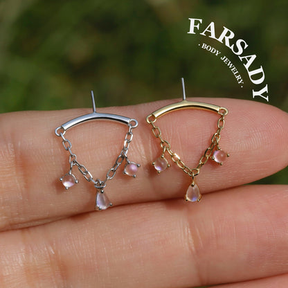 Teardrop Moonstone - 925 Silver Threadless Stud / Fits Vertical Helix Hidden Rook Earring