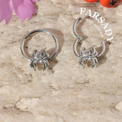 Orb Spider - CZ Hinged Clicker Hoop / Fits 16G Septum Ring Helix Conch Cartilage Earring